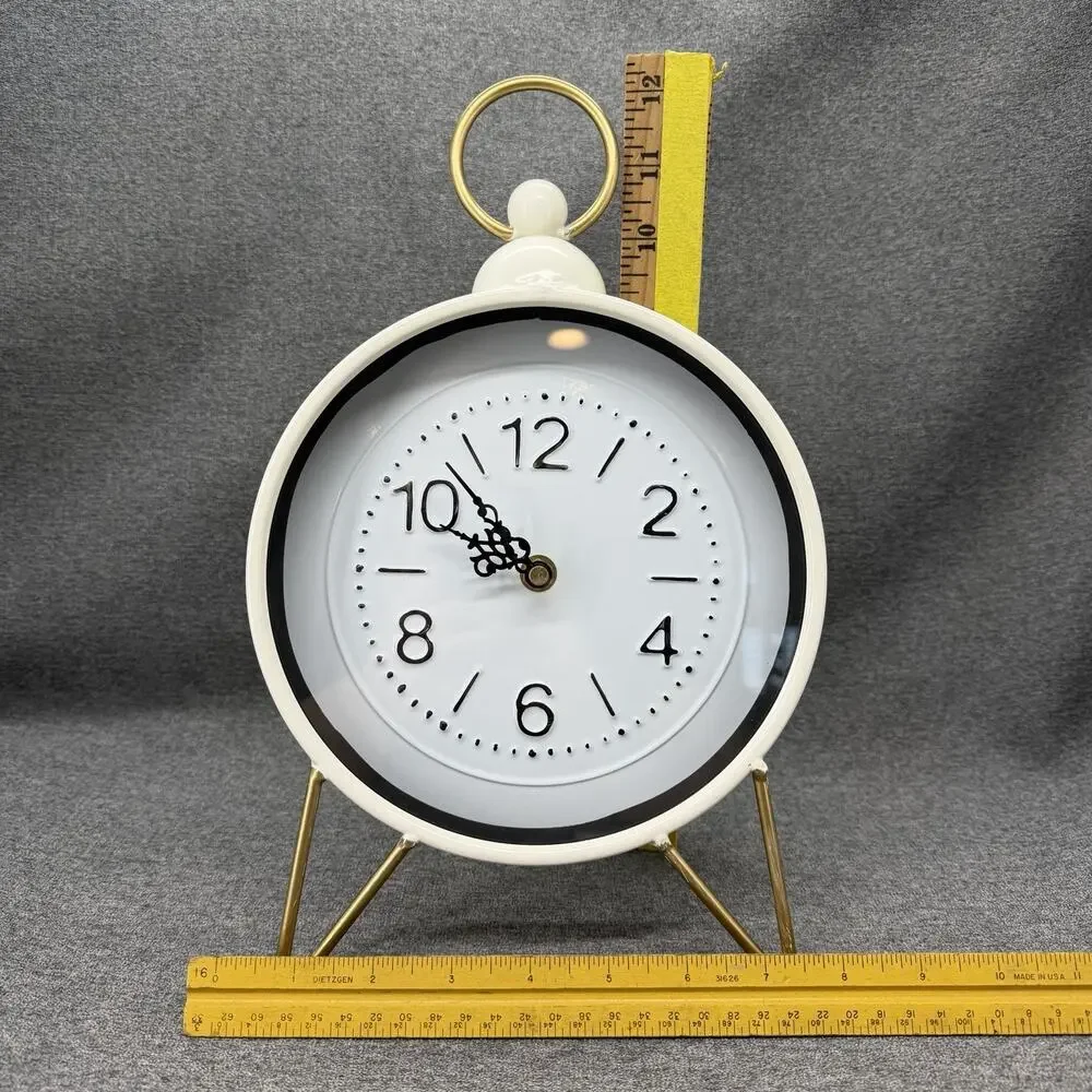 White Metal Clock Gold Accents Round Desktop Shelf Mantel Decor Battery Operated